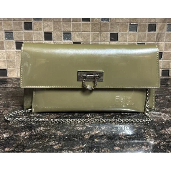 Vintage Beijo Sage Pearl Patent Clutch Shoulder Bag EUC 10x5.25x2 Chain Strap - Picture 2 of 10